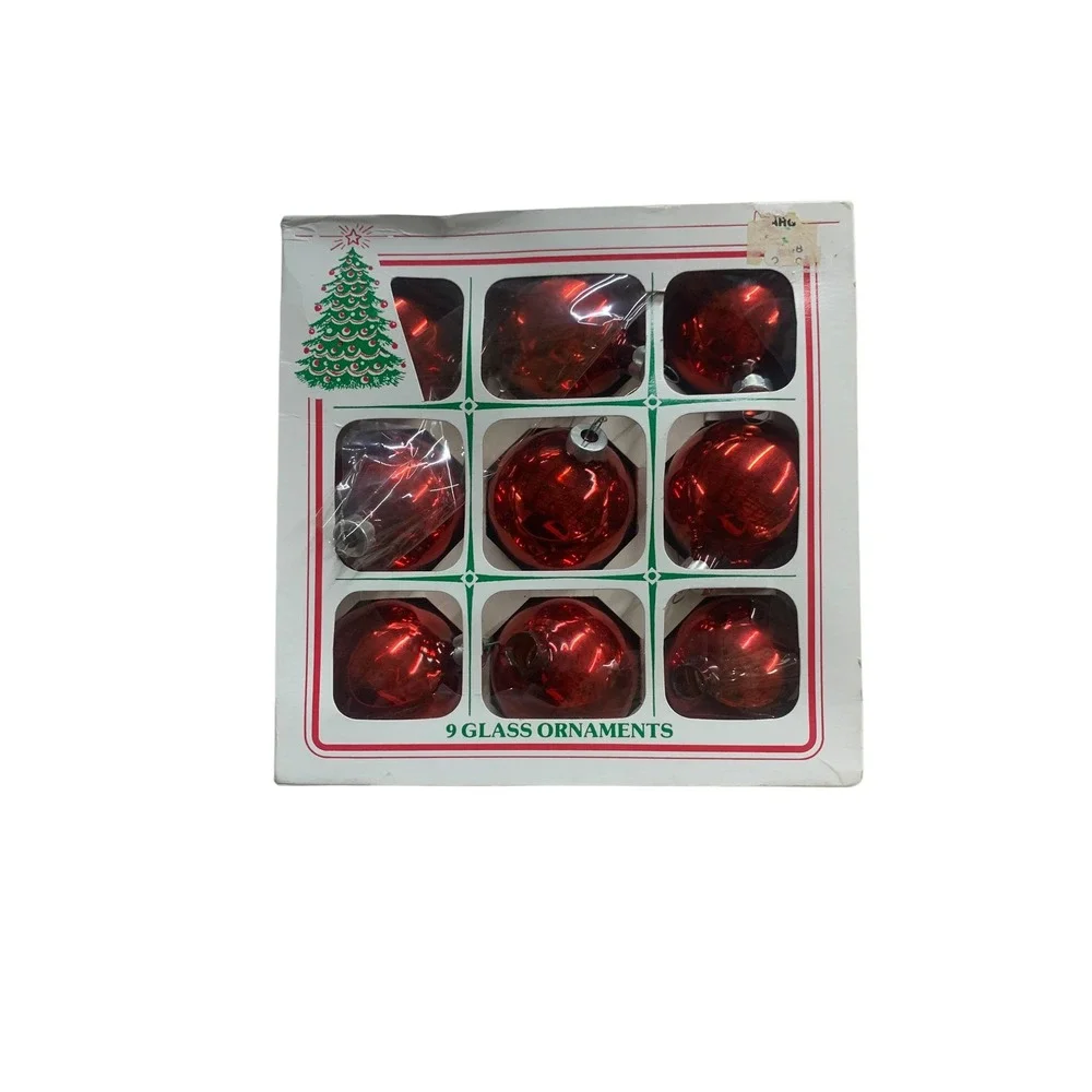 Vintage Essex Frankie Red‎ Glass Christmas Ornaments Set of 9 in Box USA